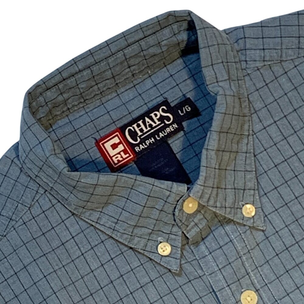 Ralph Lauren Chaps Button Down Size L Shirt Blue Check w Logo‎ ~ Excellent